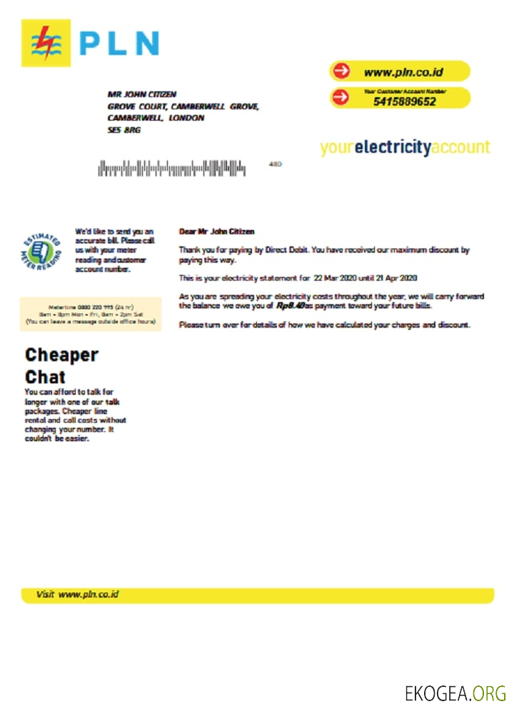 Indonesia PLN electricity utility bill template in Word and PDF format